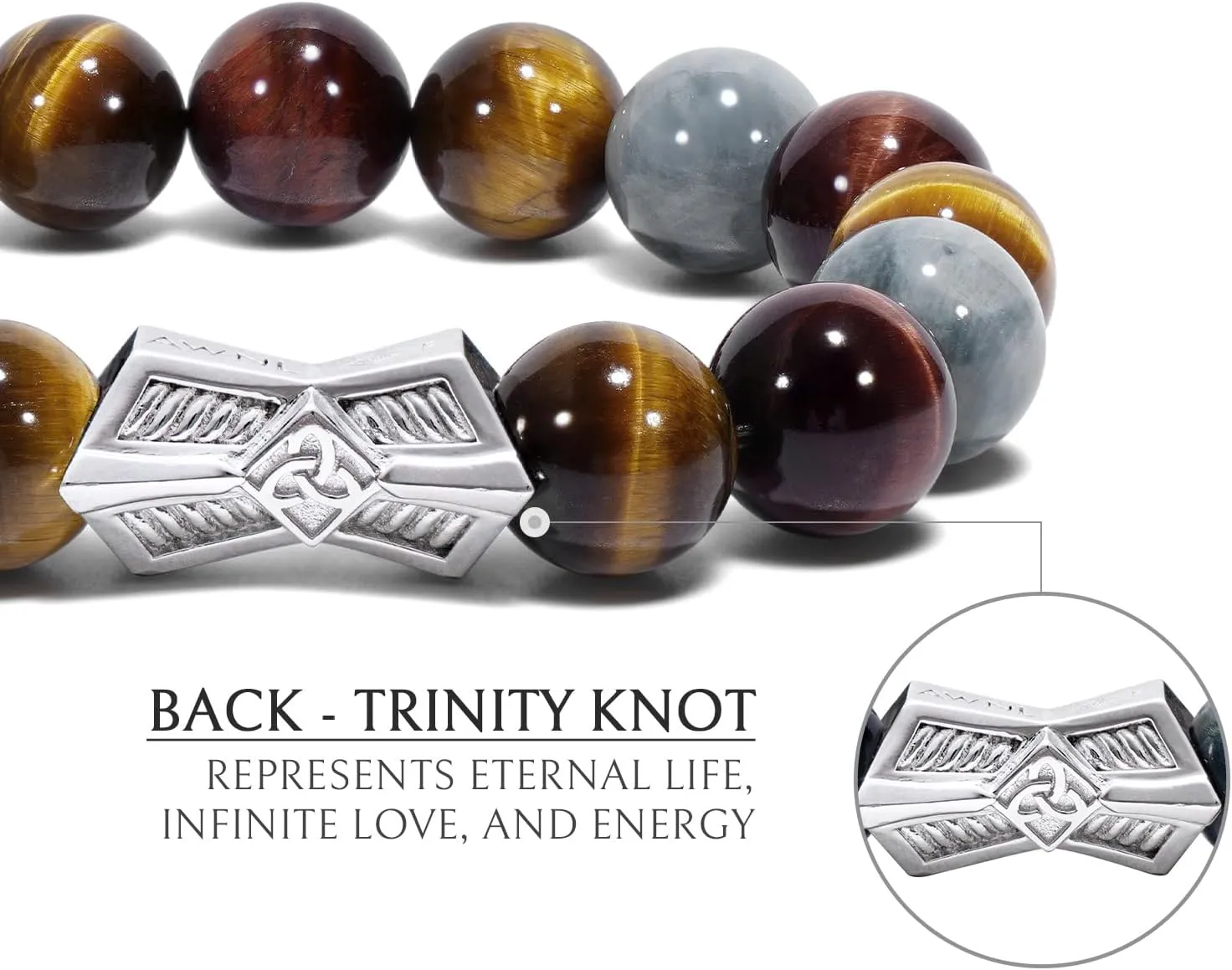 AWNL Men's Beaded Bracelet with Sterling Silver Engraved Runes Charm 12mm Bronzite Dumortierite Obsidian Natural Gemstone Gift for Men, 6.1''-7.9''