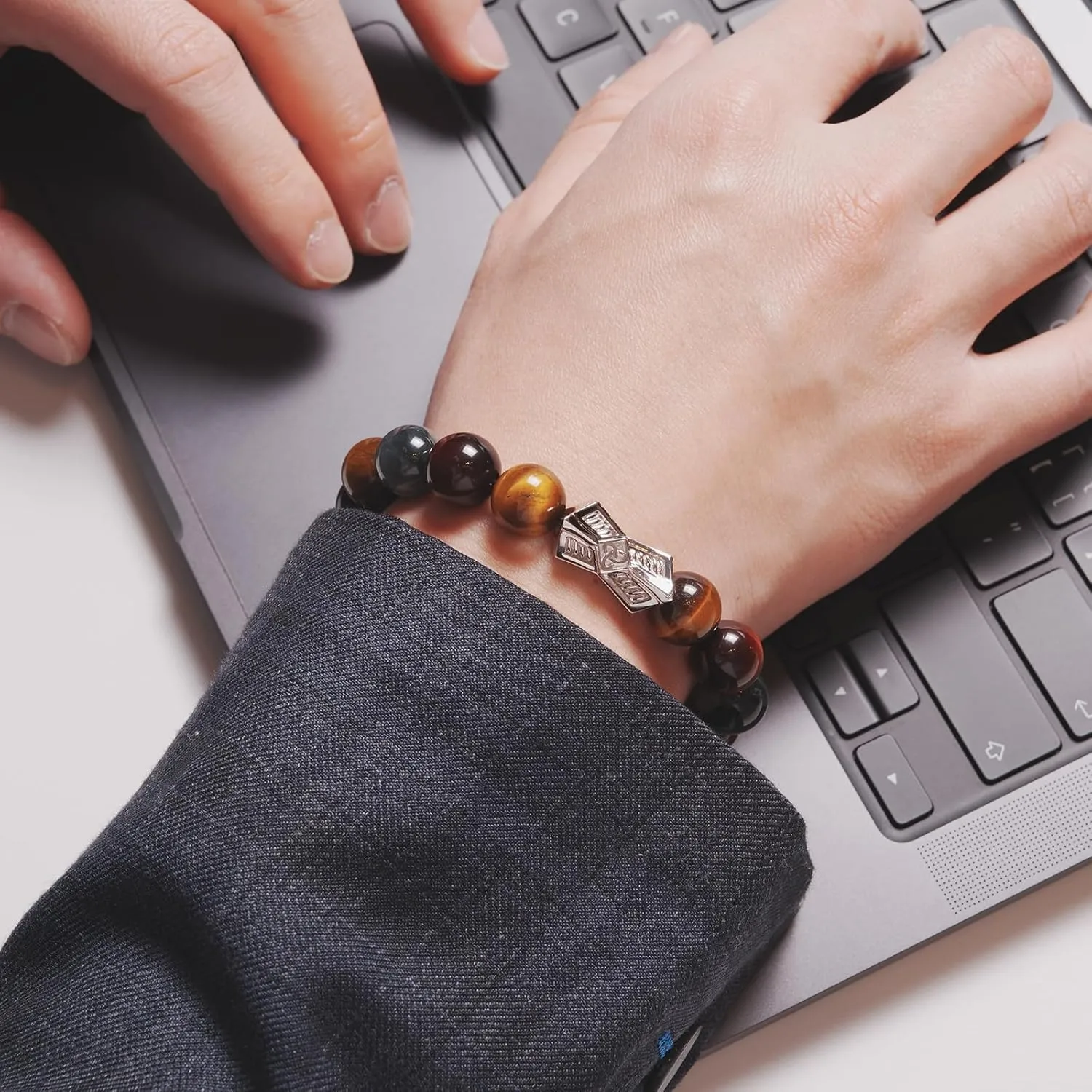 AWNL Men's Beaded Bracelet with Sterling Silver Engraved Runes Charm 12mm Bronzite Dumortierite Obsidian Natural Gemstone Gift for Men, 6.1''-7.9''
