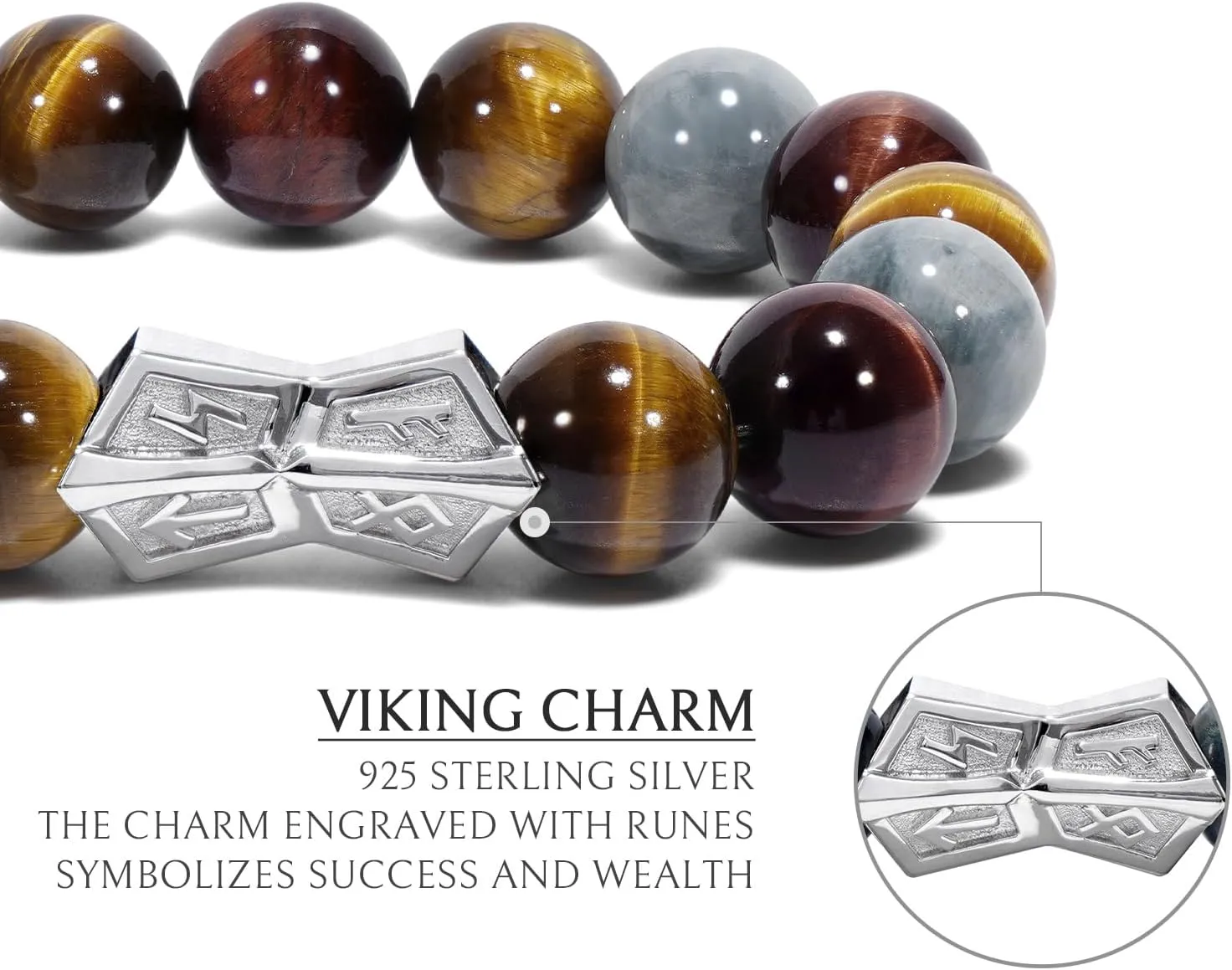 AWNL Men's Beaded Bracelet with Sterling Silver Engraved Runes Charm 12mm Bronzite Dumortierite Obsidian Natural Gemstone Gift for Men, 6.1''-7.9''
