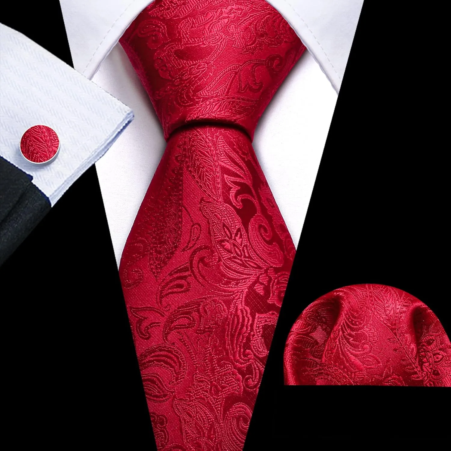 Barry.Wang Men Tie Set Paisley Silk Necktie Pocket Square Cufflinks Formal Wedding Business Party