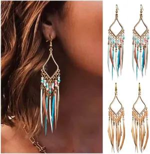 Bead Earrings Set Feather Tassel Gold Boho Ethnic Retro Bohemian Dangle Earring Bead Women Jewelry for Birthday Party Gifts