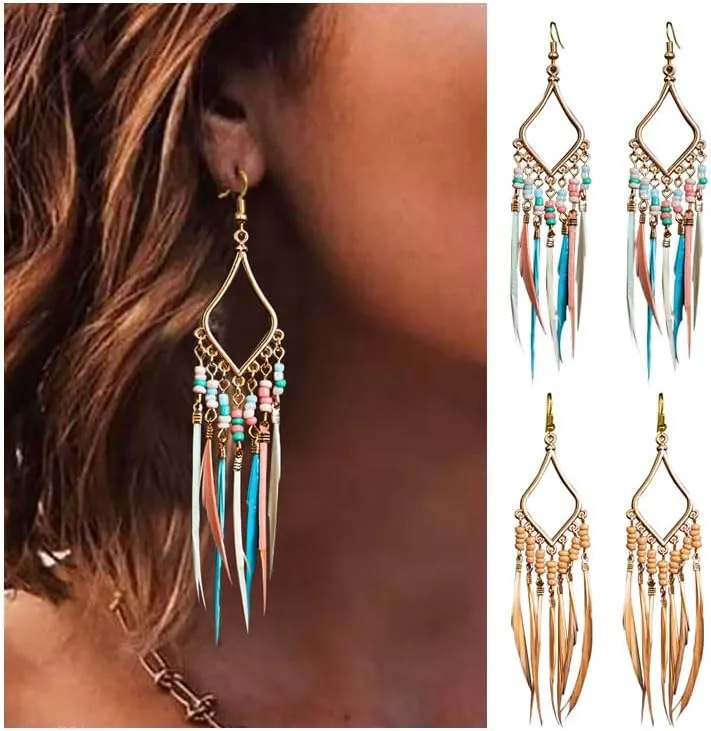 Bead Earrings Set Feather Tassel Gold Boho Ethnic Retro Bohemian Dangle Earring Bead Women Jewelry for Birthday Party Gifts
