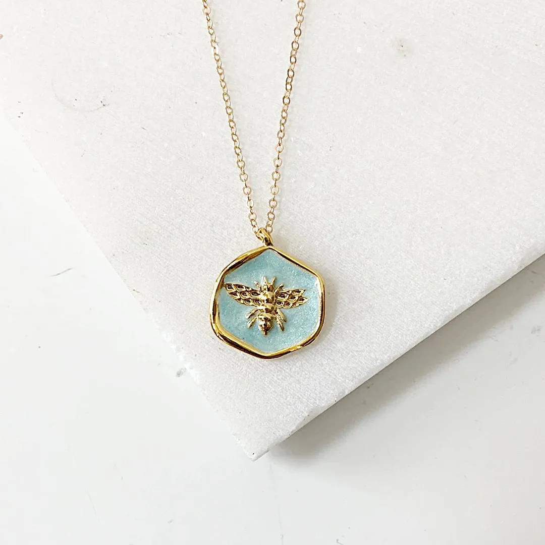 Bee Necklace, Blue Enamel Bee Necklace-