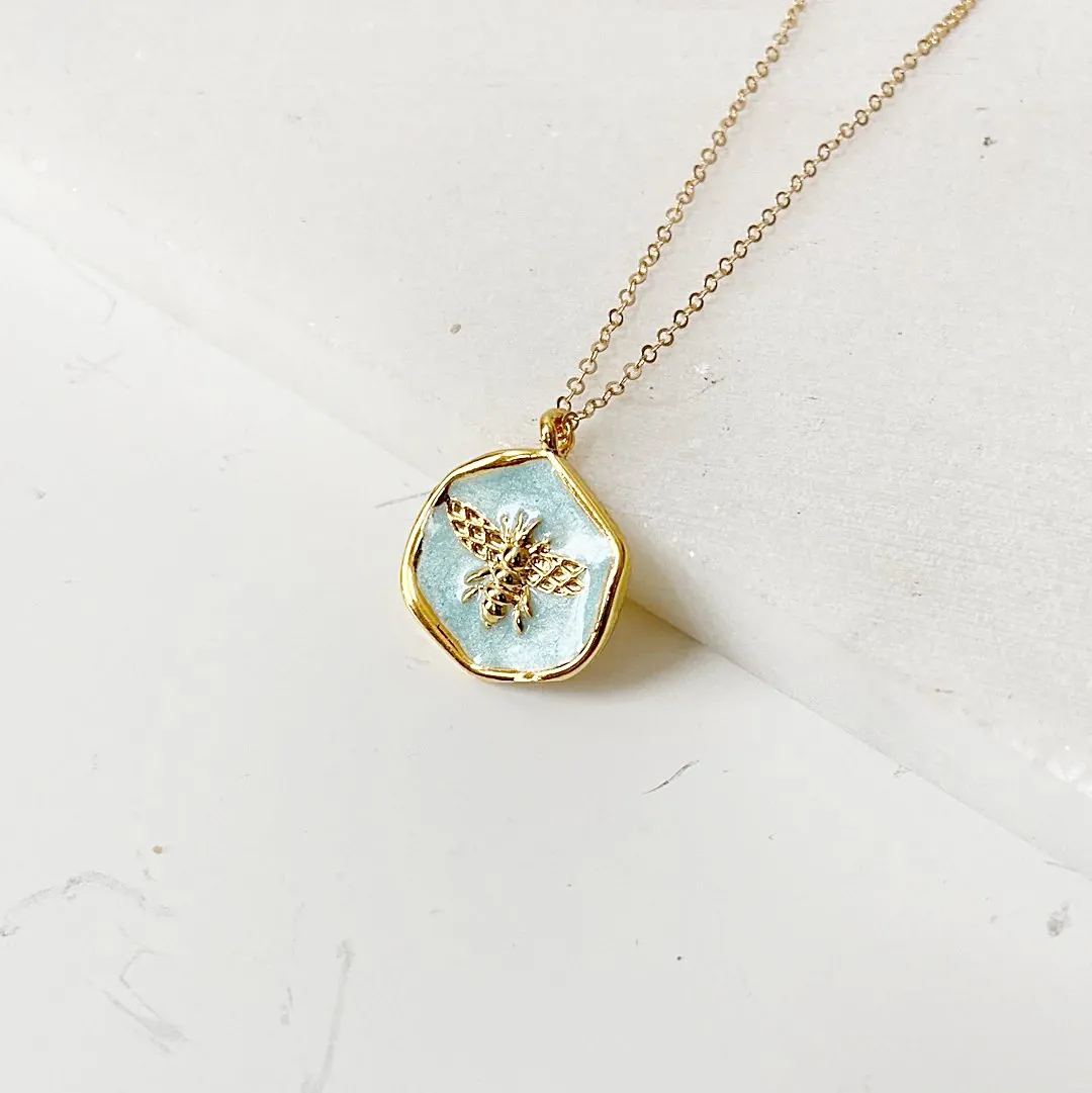 Bee Necklace, Blue Enamel Bee Necklace-