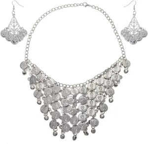 Belly Dancing Gypsy Jewelry - Silver Coin Necklace and earrings, 3pc Set