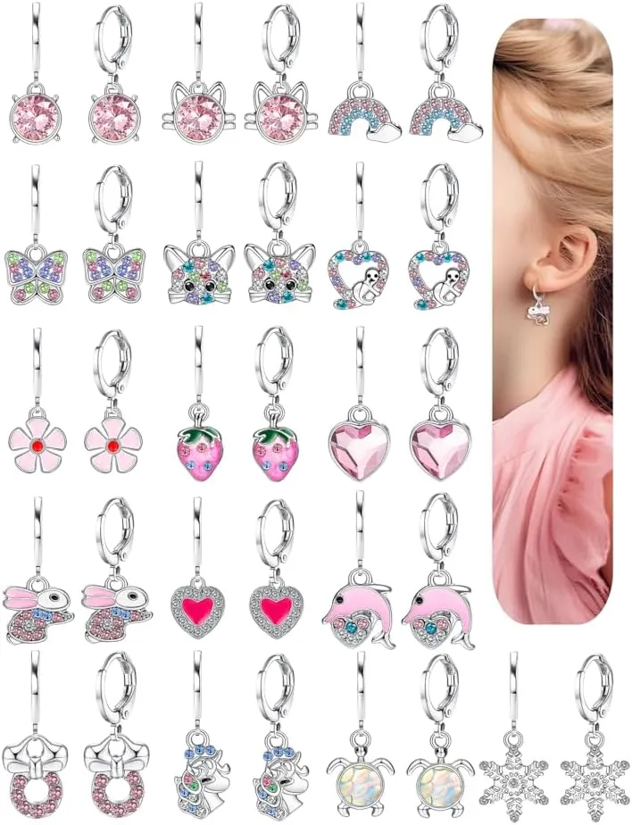 BESTEEL 16 Pairs Hypoallergenic Earrings for Girls Women Sensitive Ears Cute Surgical Steel Dangle Huggie Hoop Earings Set with Charm CZ Flower Heart Animal Christmas Gifts Age: over 4 years old