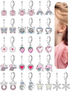 BESTEEL 16 Pairs Hypoallergenic Earrings for Girls Women Sensitive Ears Cute Surgical Steel Dangle Huggie Hoop Earings Set with Charm CZ Flower Heart Animal Christmas Gifts Age: over 4 years old