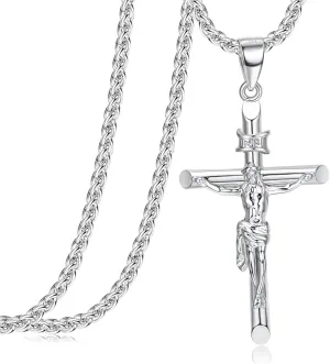Besteel Sterling Silver Crucifix Necklace for Men Women - Men's Silver Crucifix Pendant Necklace with Stainless Steel Rope Chain Catholic Baptism Jesus Cross Necklace Jewelry