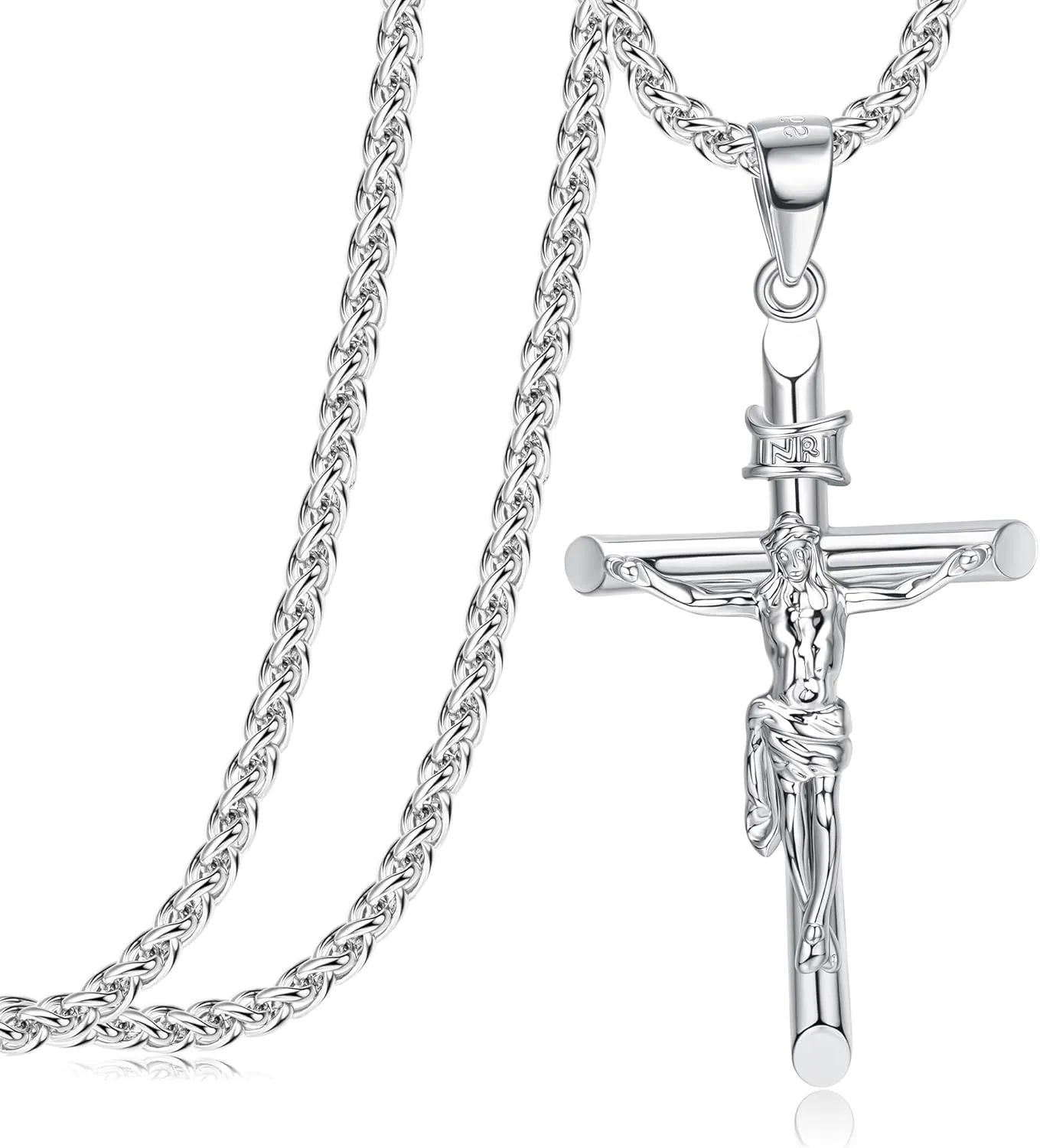 Besteel Sterling Silver Crucifix Necklace for Men Women - Men's Silver Crucifix Pendant Necklace with Stainless Steel Rope Chain Catholic Baptism Jesus Cross Necklace Jewelry