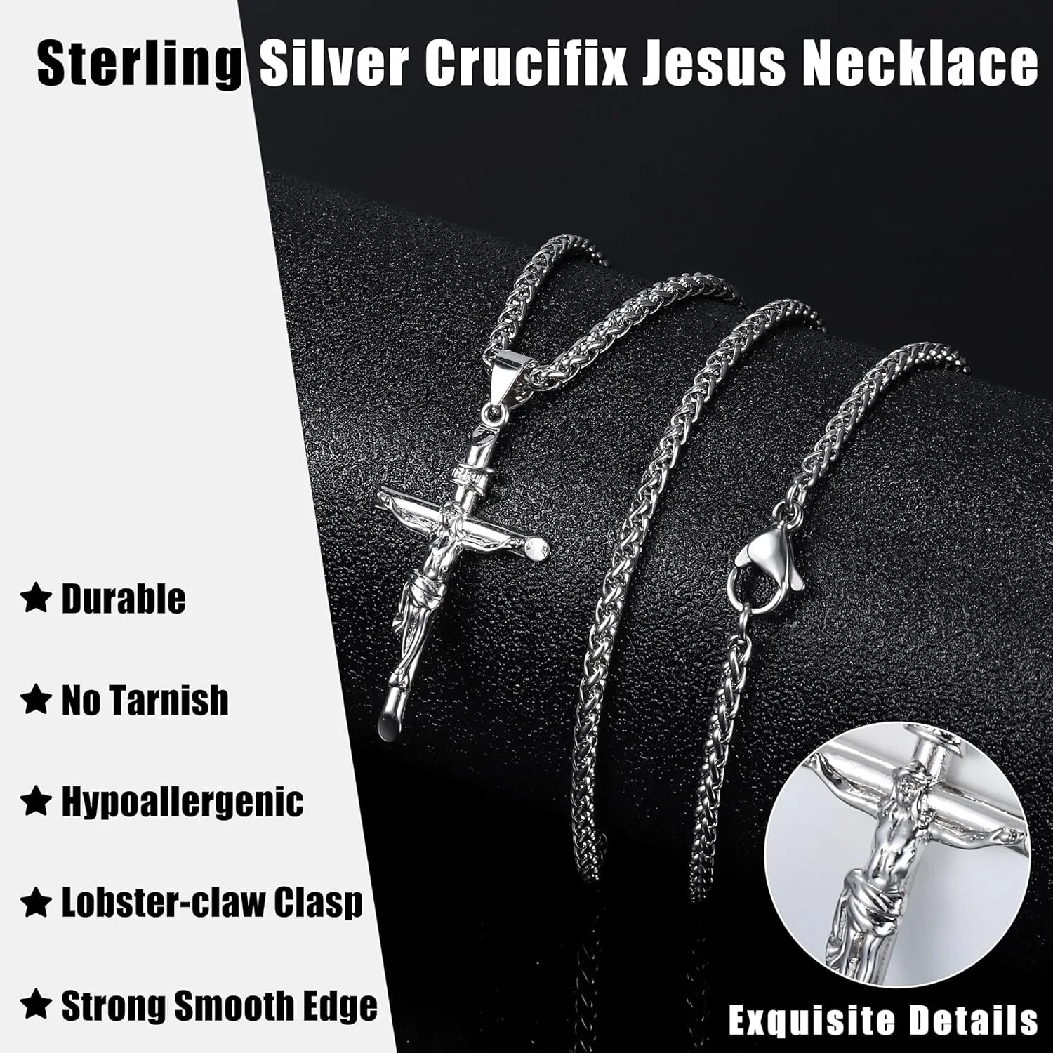 Besteel Sterling Silver Crucifix Necklace for Men Women - Men's Silver Crucifix Pendant Necklace with Stainless Steel Rope Chain Catholic Baptism Jesus Cross Necklace Jewelry