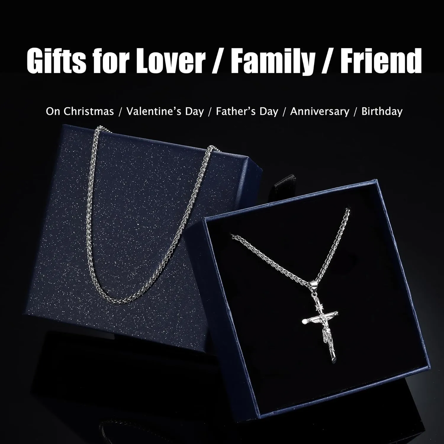 Besteel Sterling Silver Crucifix Necklace for Men Women - Men's Silver Crucifix Pendant Necklace with Stainless Steel Rope Chain Catholic Baptism Jesus Cross Necklace Jewelry