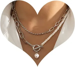 Bethynas Dainty Silver Layered Baroque Pearl OT Clasp Necklace Stacking Beaded Ball Chain Paperclip Pearl Chain Retro Necklace for Women