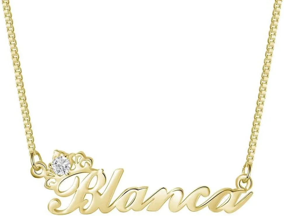 BETHZA Diamond Name Necklace Personalized with Crown 925 Sterling Silver Custom Nameplate Pendant Jewelry for Women