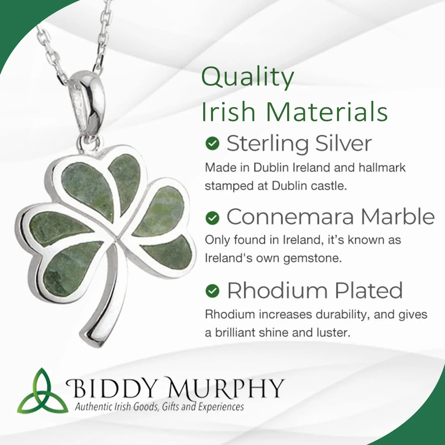 Biddy Murphy, Women's Irish Shamrock, Lucky Three Leaf Clover 925 Sterling Silver Pendant Necklace with Connemara Marble Inlay