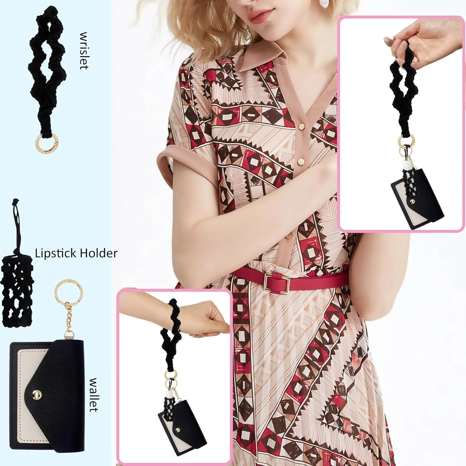BIHRTC Boho Wristlet Keychain Wallet Lipstick Holder Handmade Wristband Bracelet
