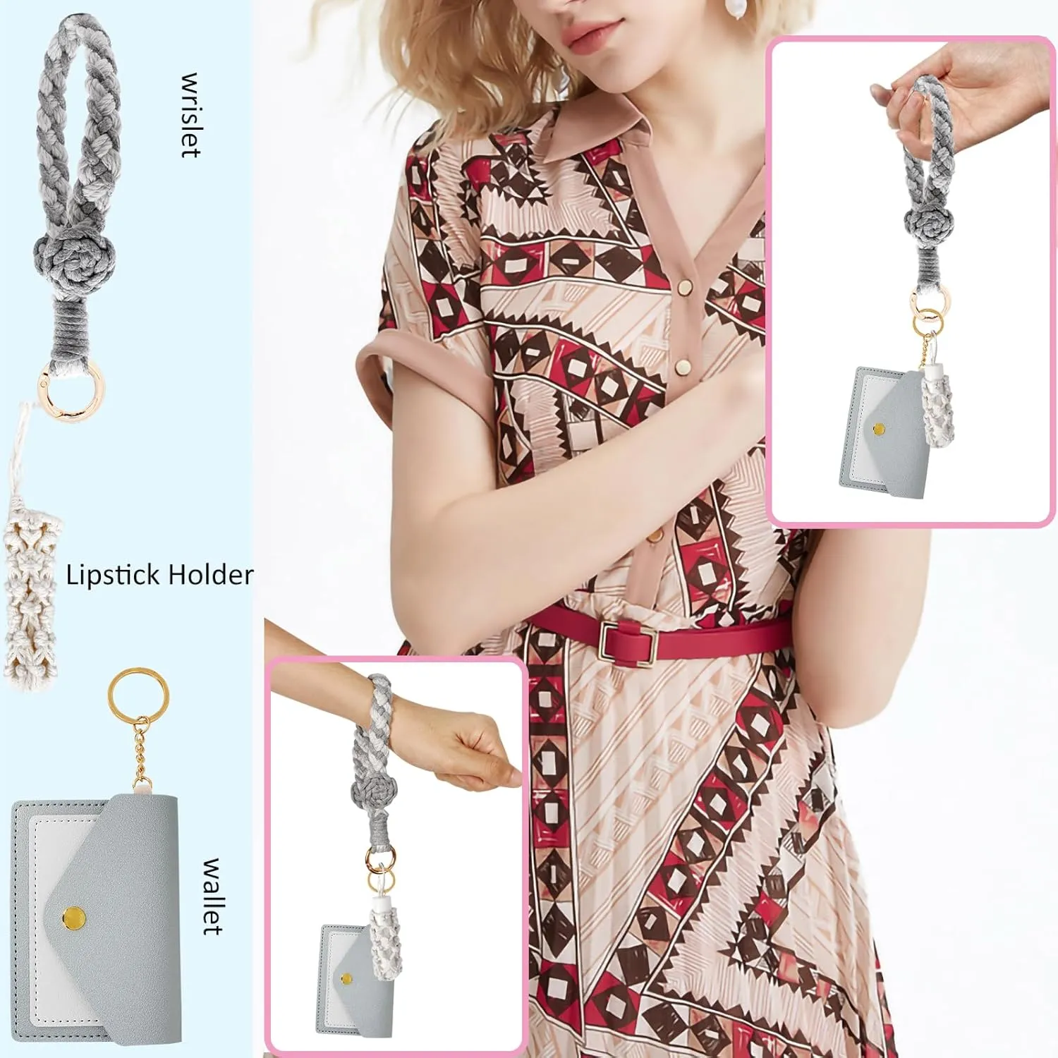 BIHRTC Boho Wristlet Keychain Wallet Lipstick Holder Handmade Wristband Bracelet