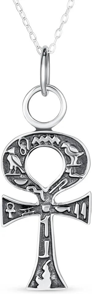 Bling Jewelry Unisex Religious Egyptian Hieroglyphs Key To Life Traditional Egyptian Ankh Cross Pendant Necklace For Women Men Oxidized .925 Sterling Silver