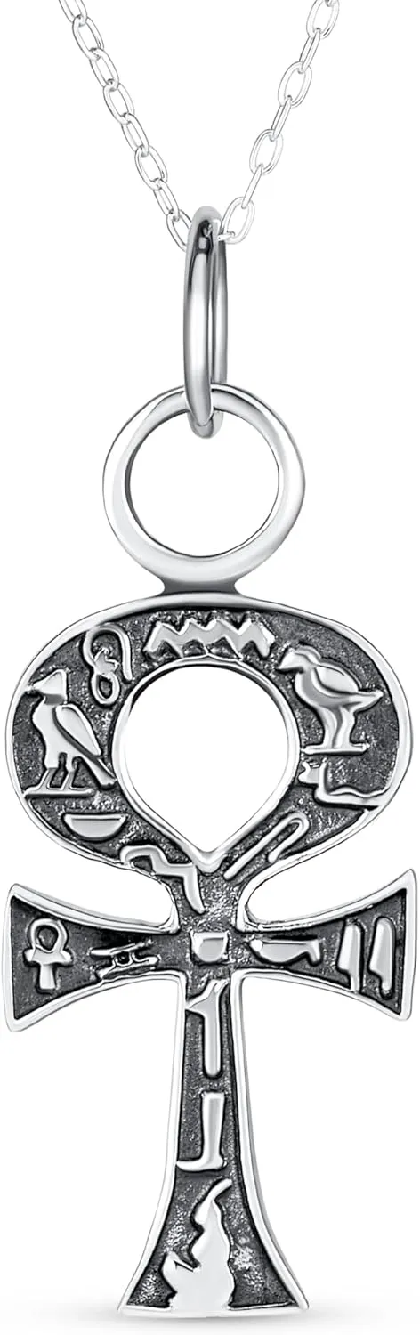 Bling Jewelry Unisex Religious Egyptian Hieroglyphs Key To Life Traditional Egyptian Ankh Cross Pendant Necklace For Women Men Oxidized .925 Sterling Silver