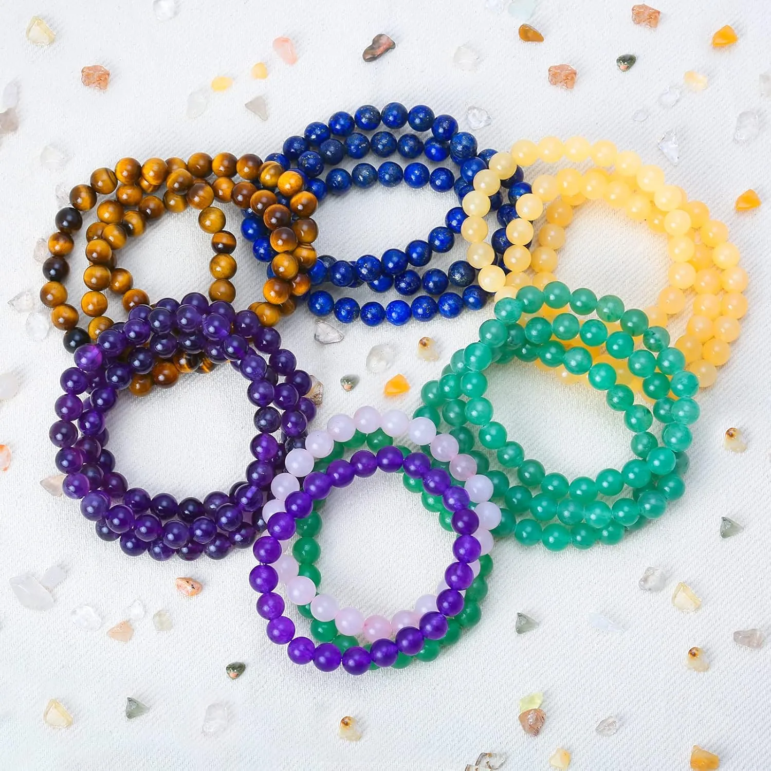 Bling Jewelry Unisex Stackable Set Of 3 Gemstone Round Bead 8MM Stretch Bracelet For Women Teen Men Multi Strand Stacking Adjustable