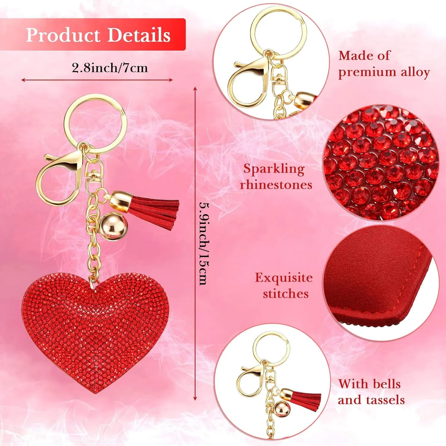 Bling Rhinestone Heart Shape Keychains Glitter Crystal Heart Tassel Keychains Key Rings for Women Girls