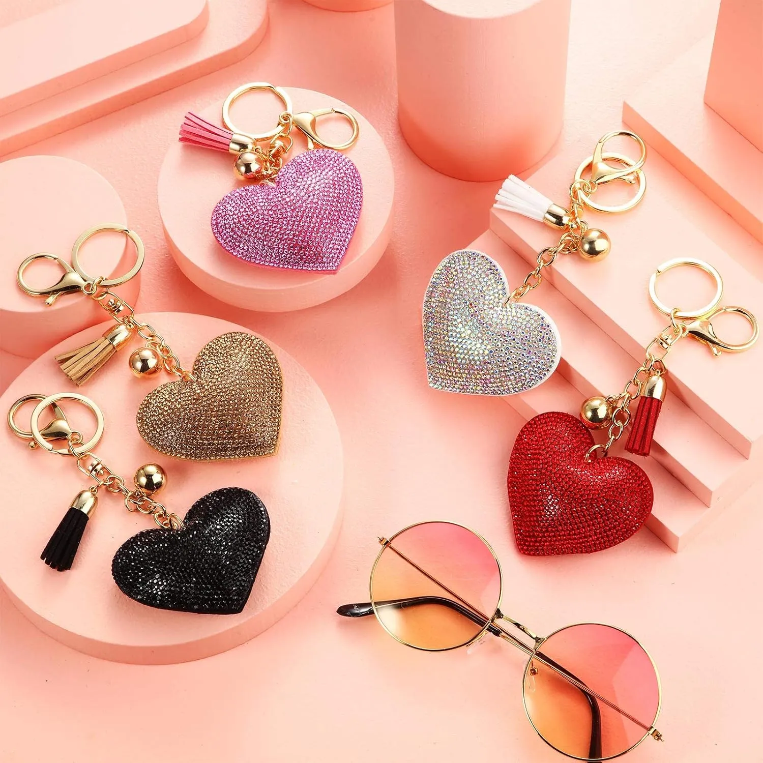 Bling Rhinestone Heart Shape Keychains Glitter Crystal Heart Tassel Keychains Key Rings for Women Girls
