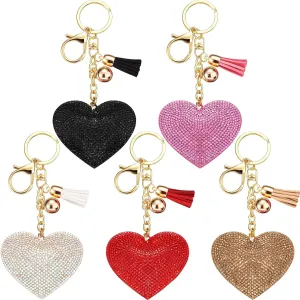Bling Rhinestone Heart Shape Keychains Glitter Crystal Heart Tassel Keychains Key Rings for Women Girls