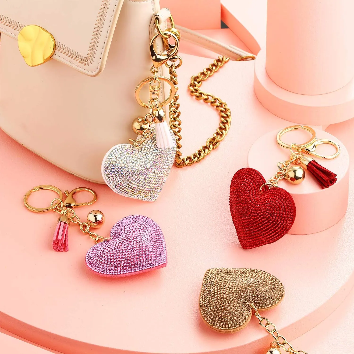 Bling Rhinestone Heart Shape Keychains Glitter Crystal Heart Tassel Keychains Key Rings for Women Girls