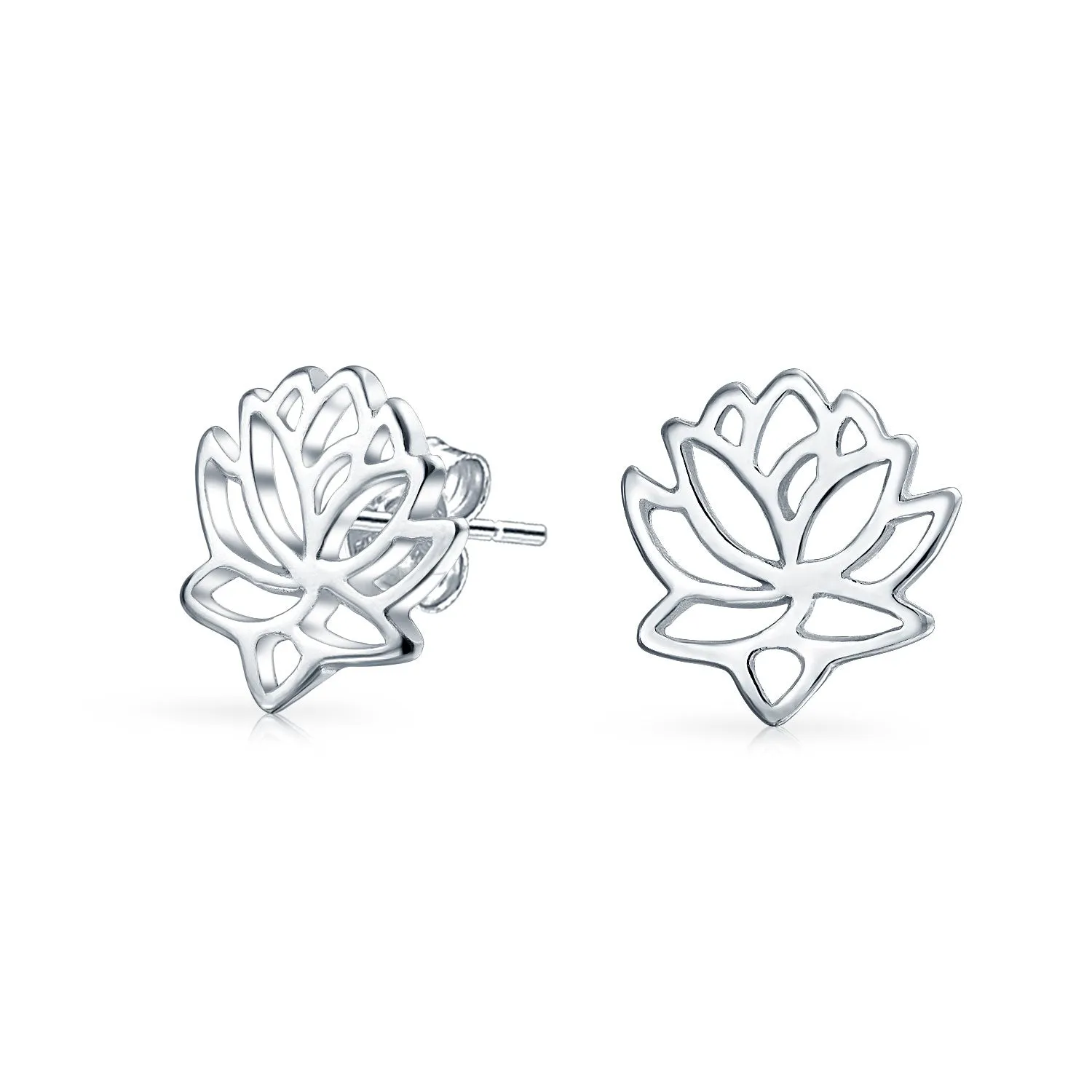 Blossom Open Lily Flower Zen Lotus Stud Earrings in Sterling Silver
