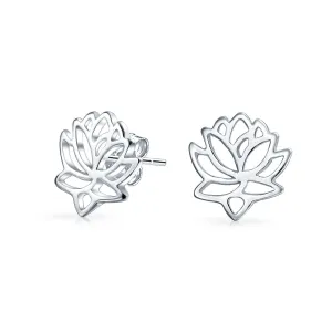 Blossom Open Lily Flower Zen Lotus Stud Earrings in Sterling Silver