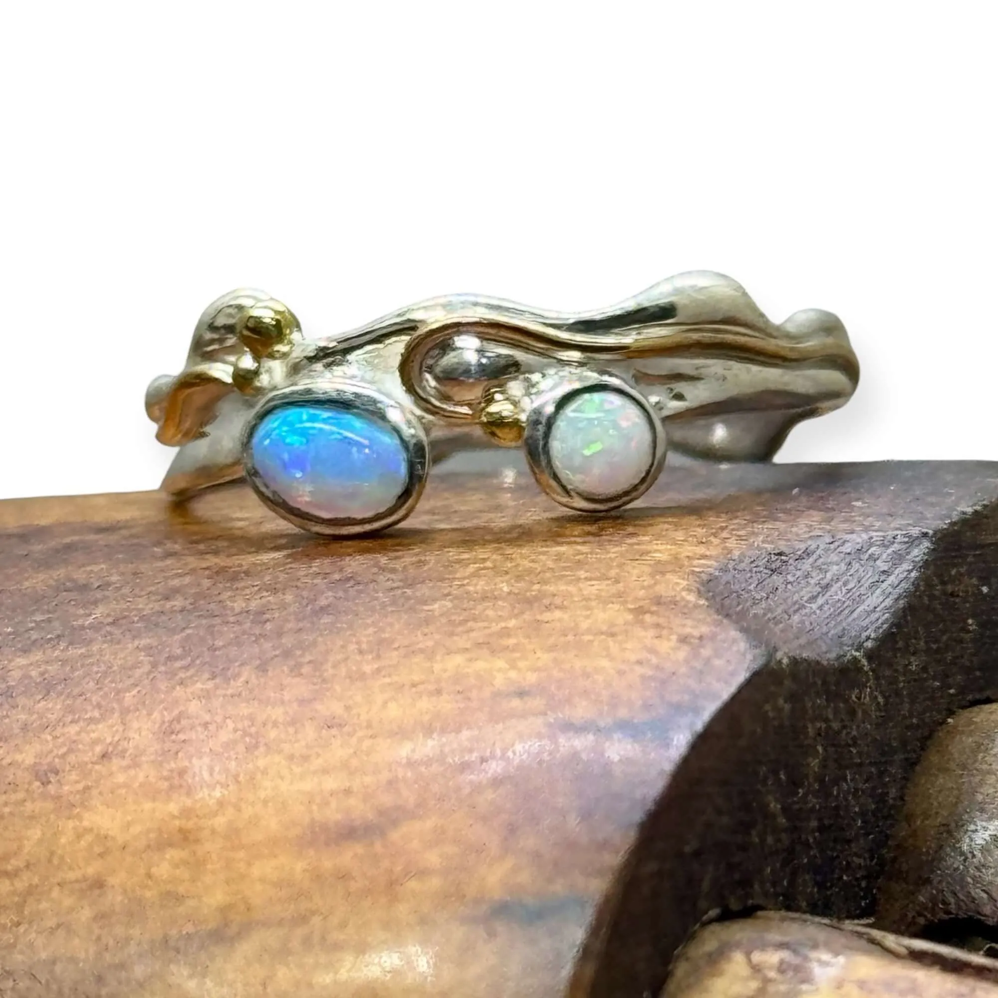 Blue And White Opal Handmade Sterling Silver Ring