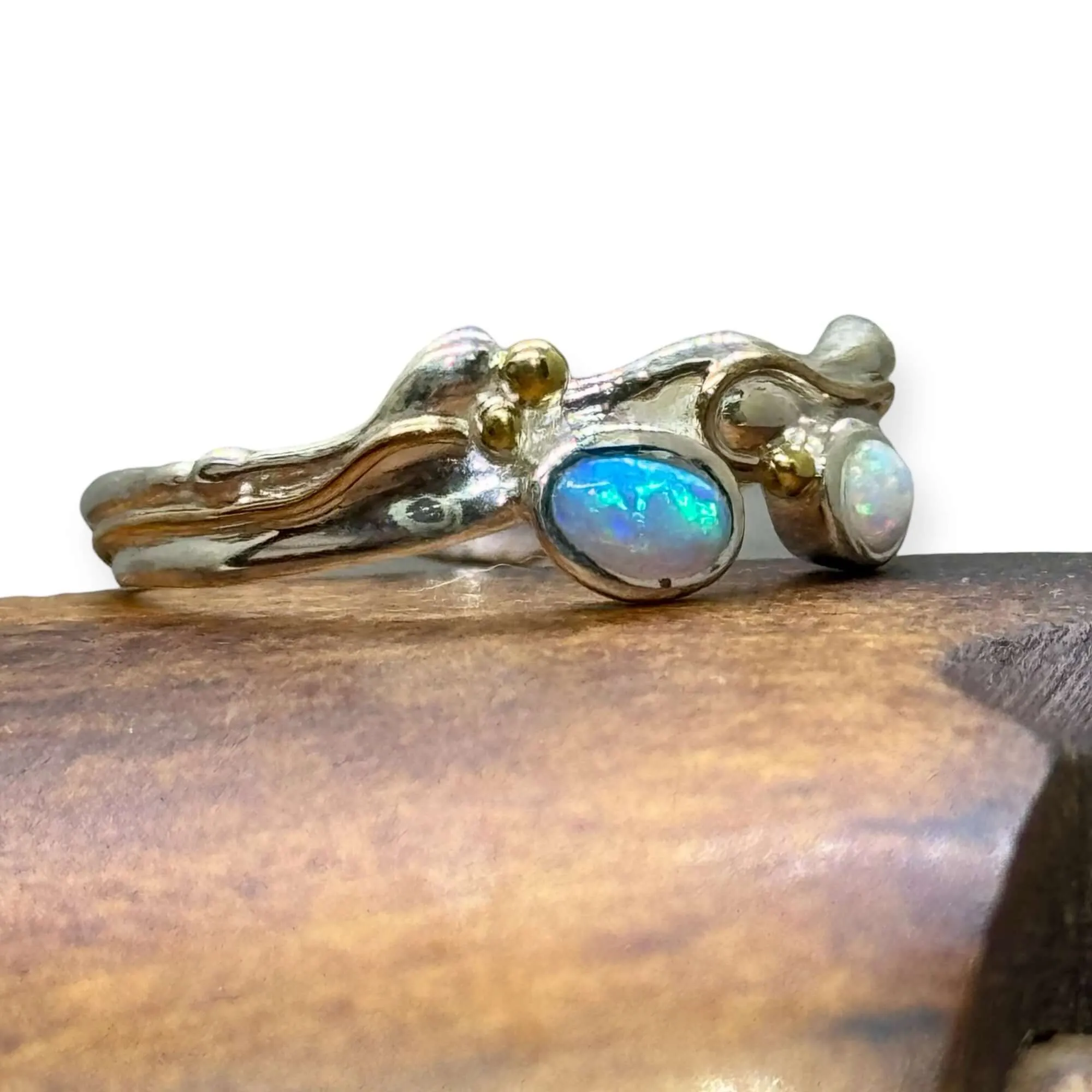 Blue And White Opal Handmade Sterling Silver Ring