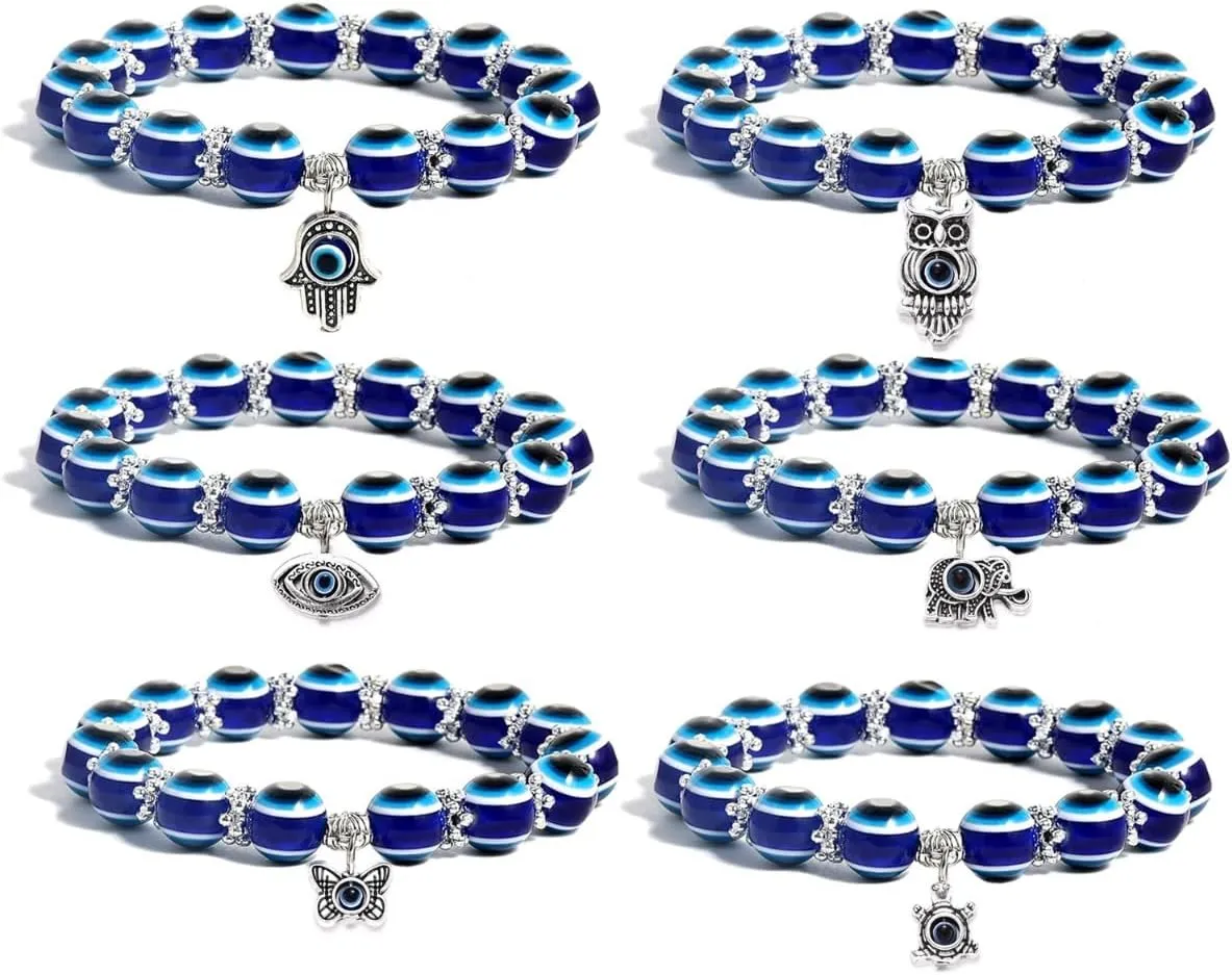Blue Evil Eye Hamsa Charm Bracelet Blue Beaded Hand of Fatima Bracelet for Protection Turkish Lucky Evil Eye Amulet Bracelets Butterflies Elephants Owls Pendant Jewelry