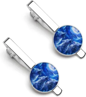 Blue Flower Rose Howling Wolf Men's Tie Clip Round Tie Bar Tie Tack Pins Personalized Tie Clasp Jewelry Accessories