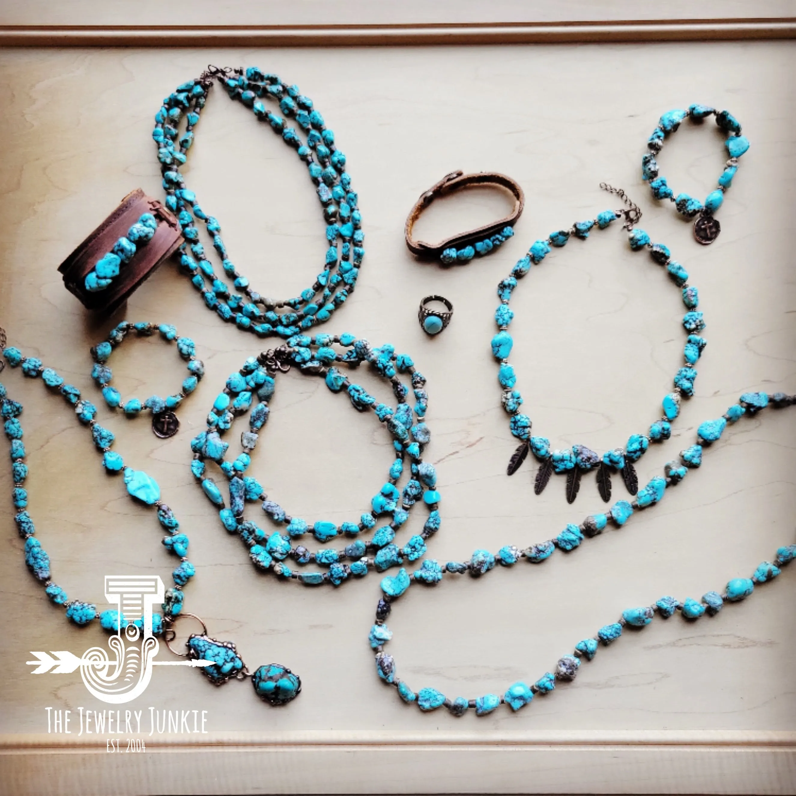 Blue Turquoise Collar Necklace w/ Feather Pendants 259m