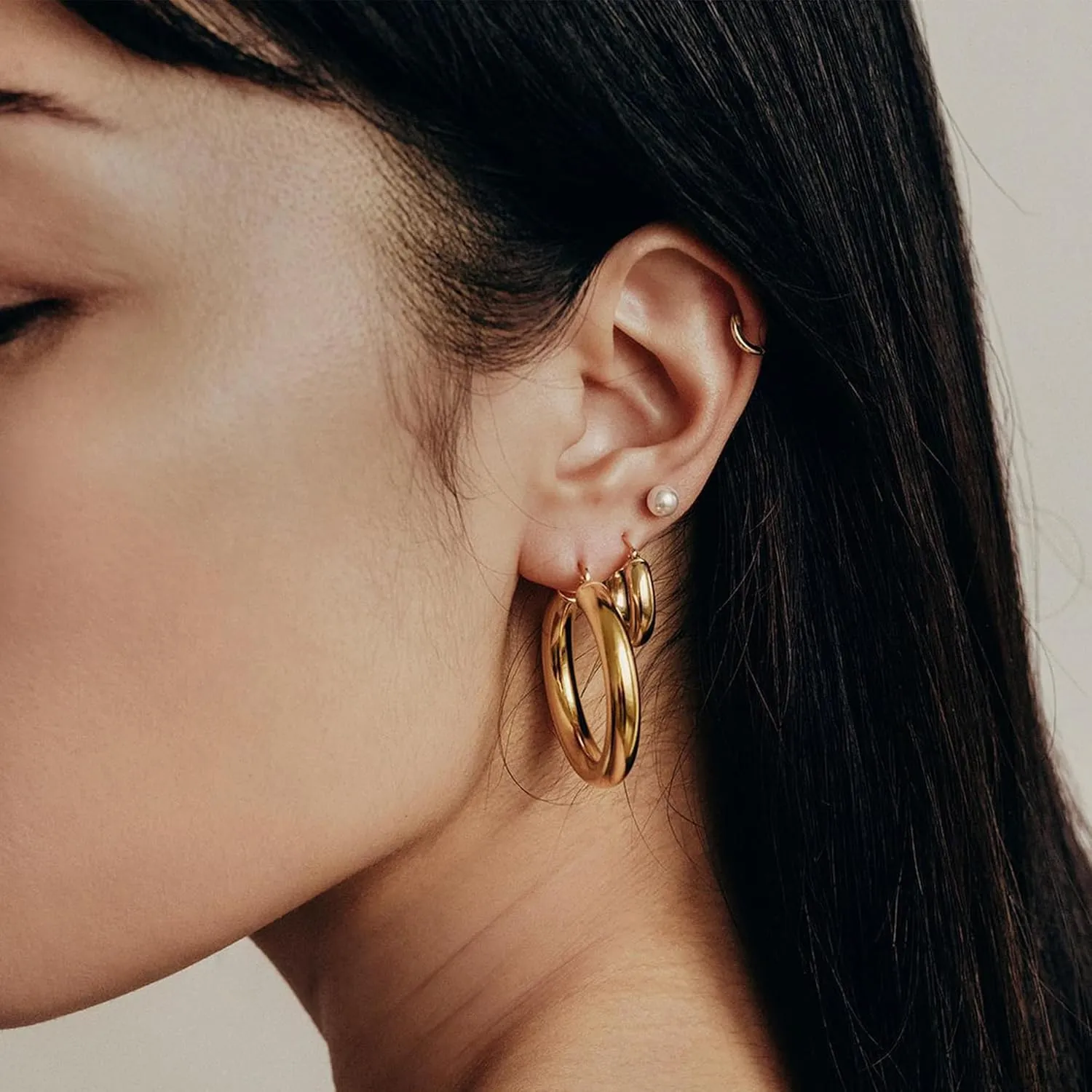 BMMYE 925 Sterling Silver Post Chunky Gold Hoop Earrings, 14K Gold Plated Earrings for Women Lightweight Hollow Tube 25mm-70mm