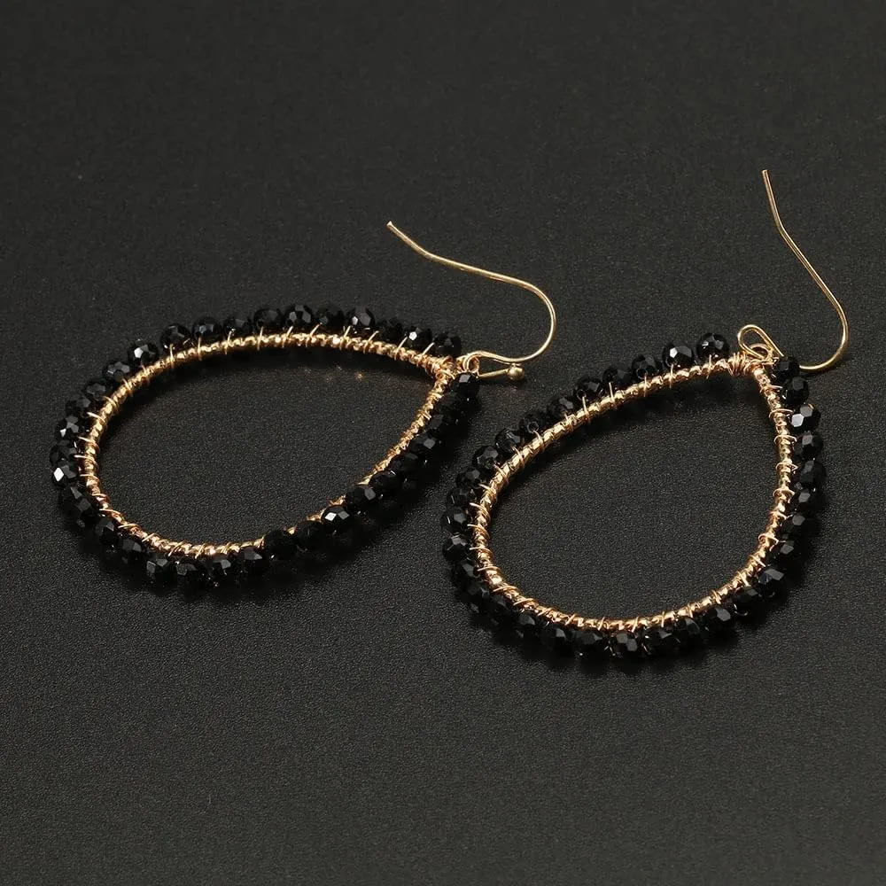 Bohemian Boho Beaded Teardrop Dangle Drop Earrings Hollow Sparkly Crystal Gold Wire Wrapped Crystal Earrings for Women Statement Jewelry