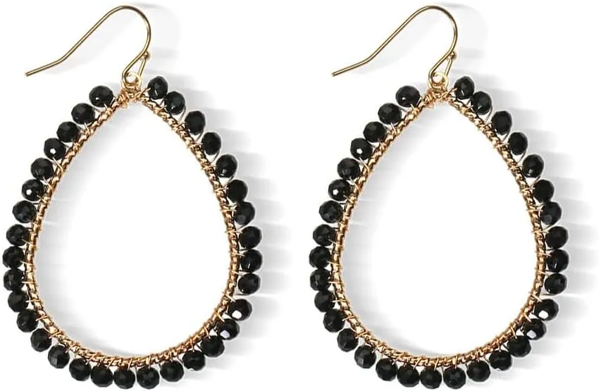 Bohemian Boho Beaded Teardrop Dangle Drop Earrings Hollow Sparkly Crystal Gold Wire Wrapped Crystal Earrings for Women Statement Jewelry