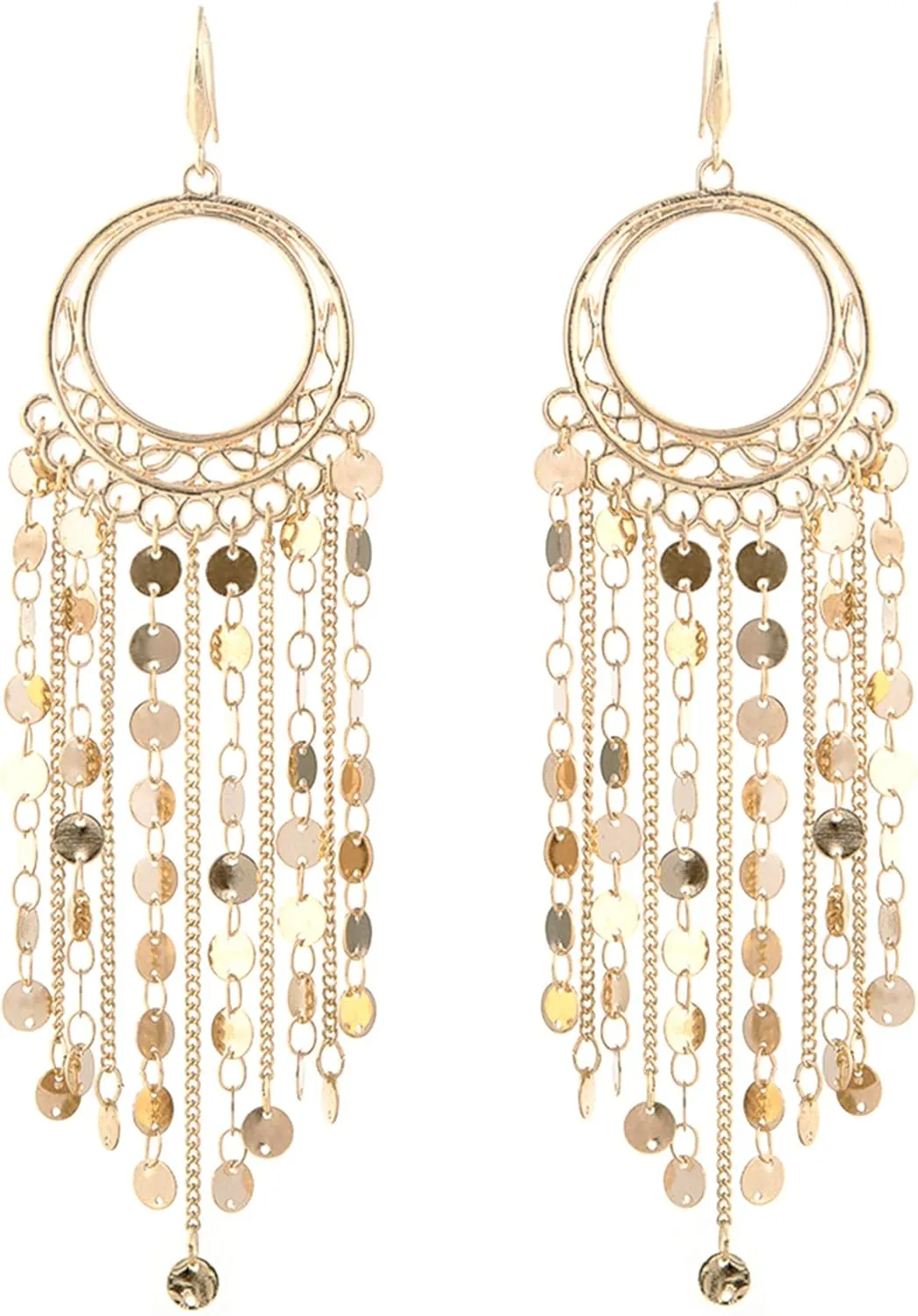 Bohemian Boho Tassel Dangle Drop Earrings for Women  Lightweight Filigree Gypsy Coin Chandelier Disc Charm Hoops  included Gift Box
