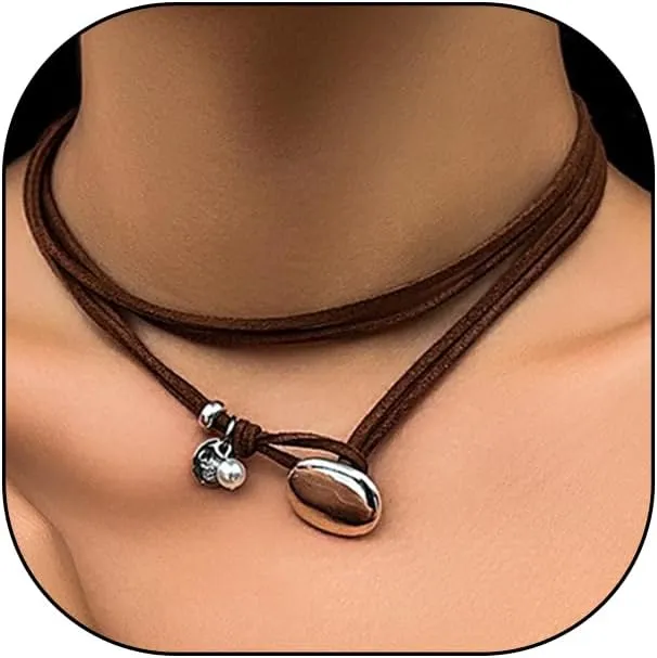 Bohemian Brown Suede Leather Pendant Necklace for Women Charm Layering Western Double Layer Choker Necklace Trendy Outfit Jewelry Accessories Gifts