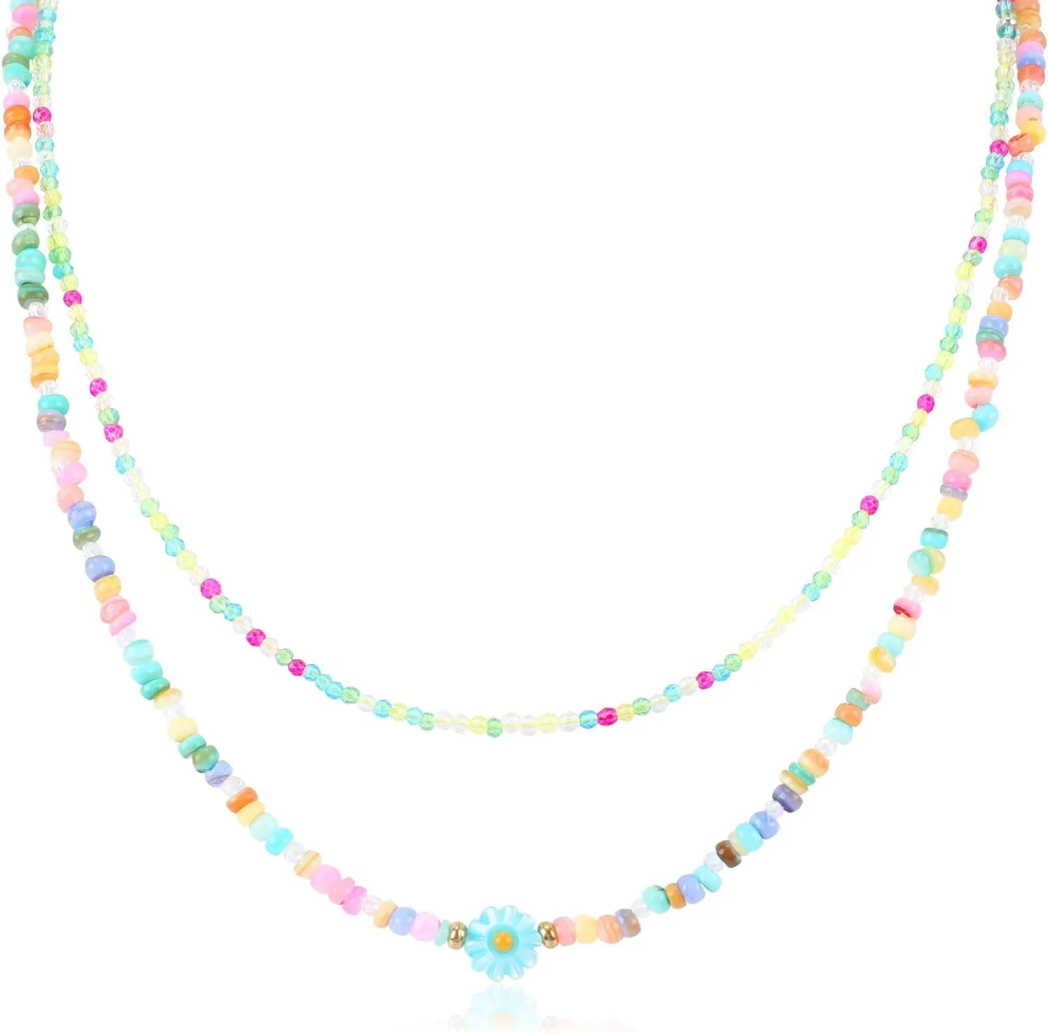Bohemian Colorful Layered Beaded Necklace for Women Cute Green Daisy Flower Charm Glass Seed Beads Choker Necklace Handmade Adjustable Statement Necklace Boho Summer Beach Jewelry Gift for Women