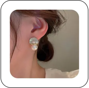 Bohemian Crystal Pearl Dangle Earrings Gold Cz Paved Semicircle Earrings Round Pearl Stud Earrings Rhinestone Geometric Pearl Earrings Jewelry for Women Gifts