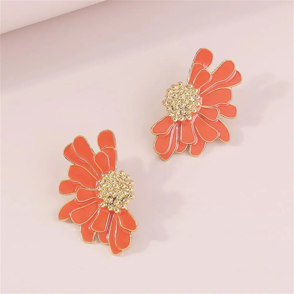 Bohemian Dainty Enamel Alloy Semi Flower Big Lightweight Stud Earrings Creative Personalized Floral Petal Earrings For Women Jewelry Gifts