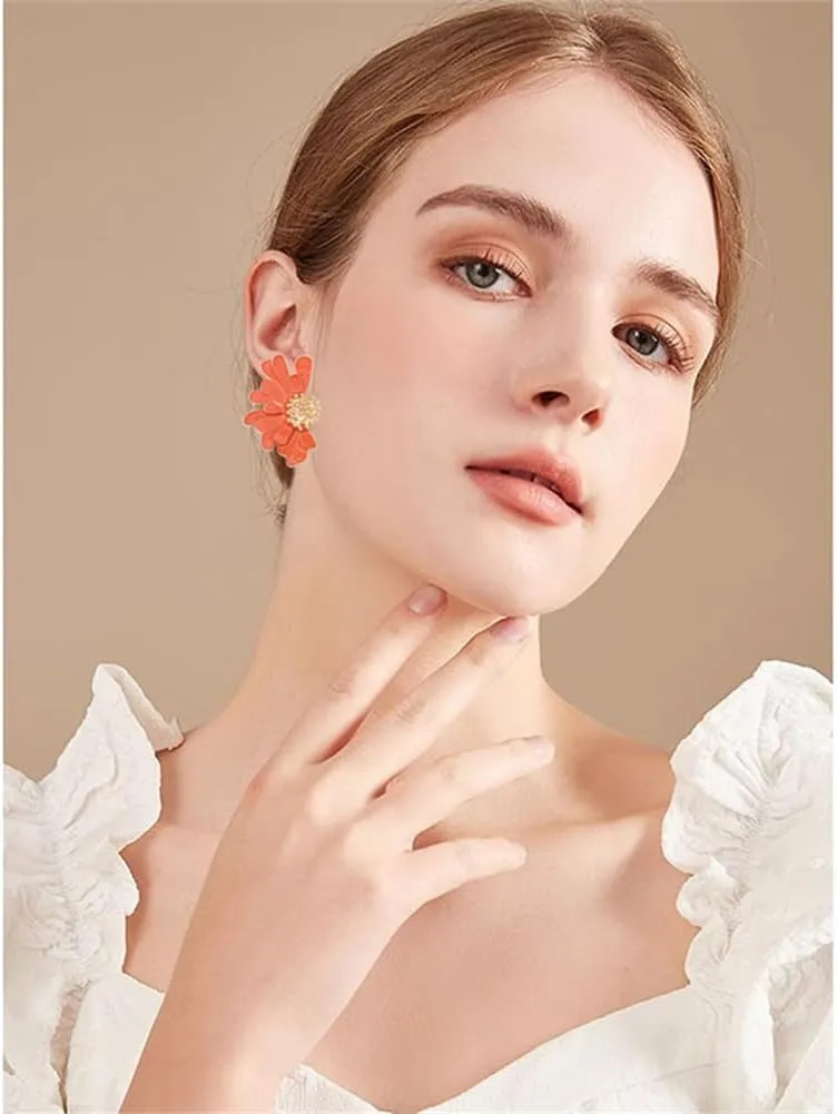 Bohemian Dainty Enamel Alloy Semi Flower Big Lightweight Stud Earrings Creative Personalized Floral Petal Earrings For Women Jewelry Gifts