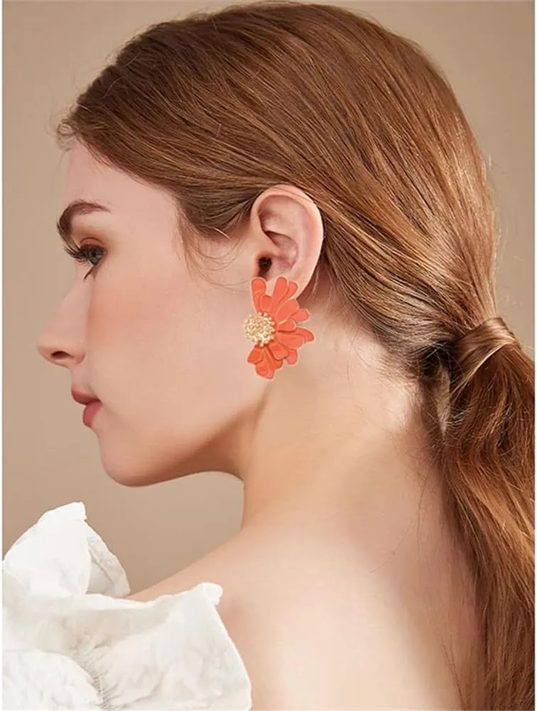 Bohemian Dainty Enamel Alloy Semi Flower Big Lightweight Stud Earrings Creative Personalized Floral Petal Earrings For Women Jewelry Gifts