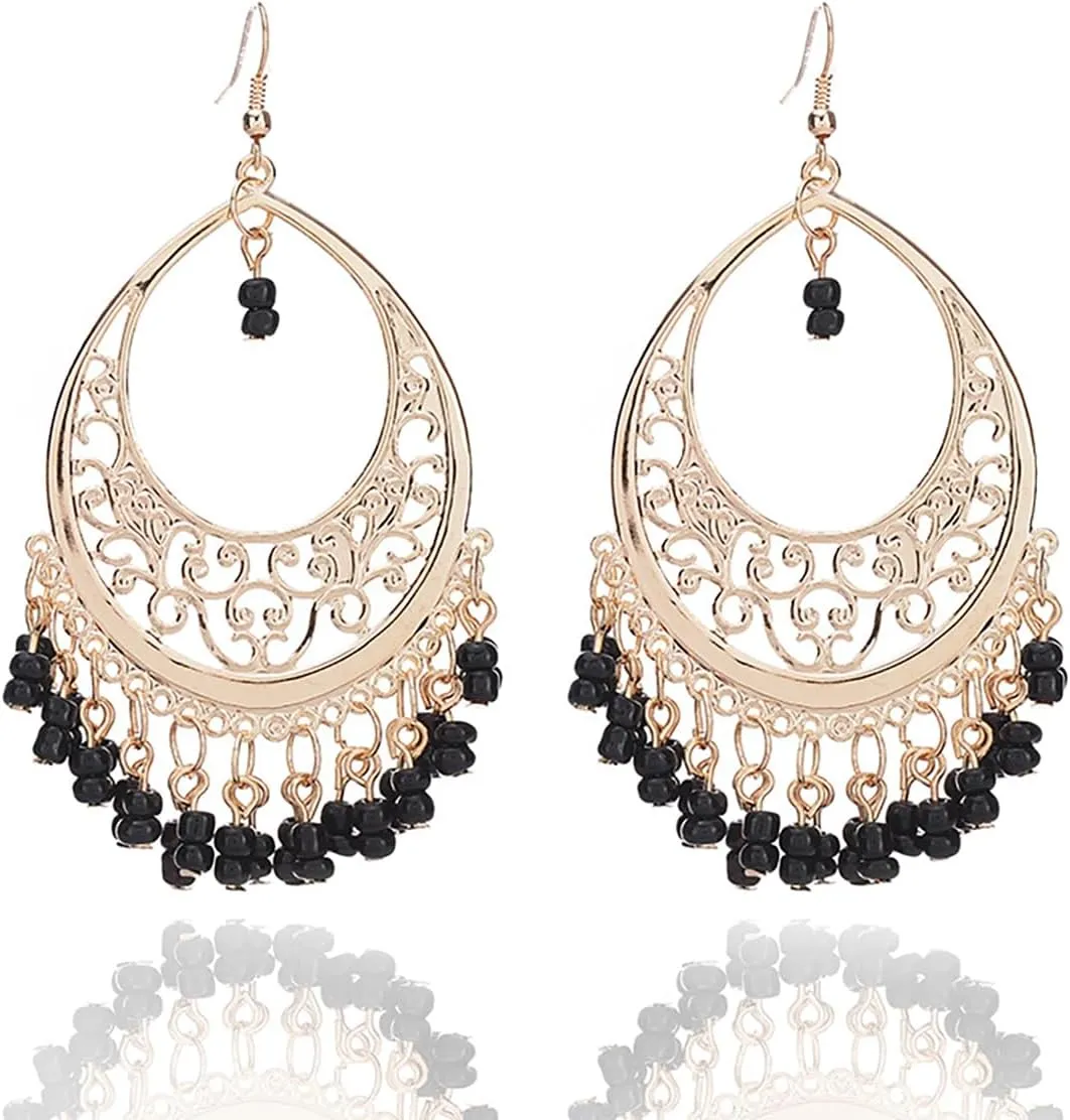 Bohemian Drop Dangle Earrings for Women Vintage Cut-Out Dangling Chandelier Earrings Bohemian Style Beaded Tassel Earrings Hypoallergenic Vintage Jewelry