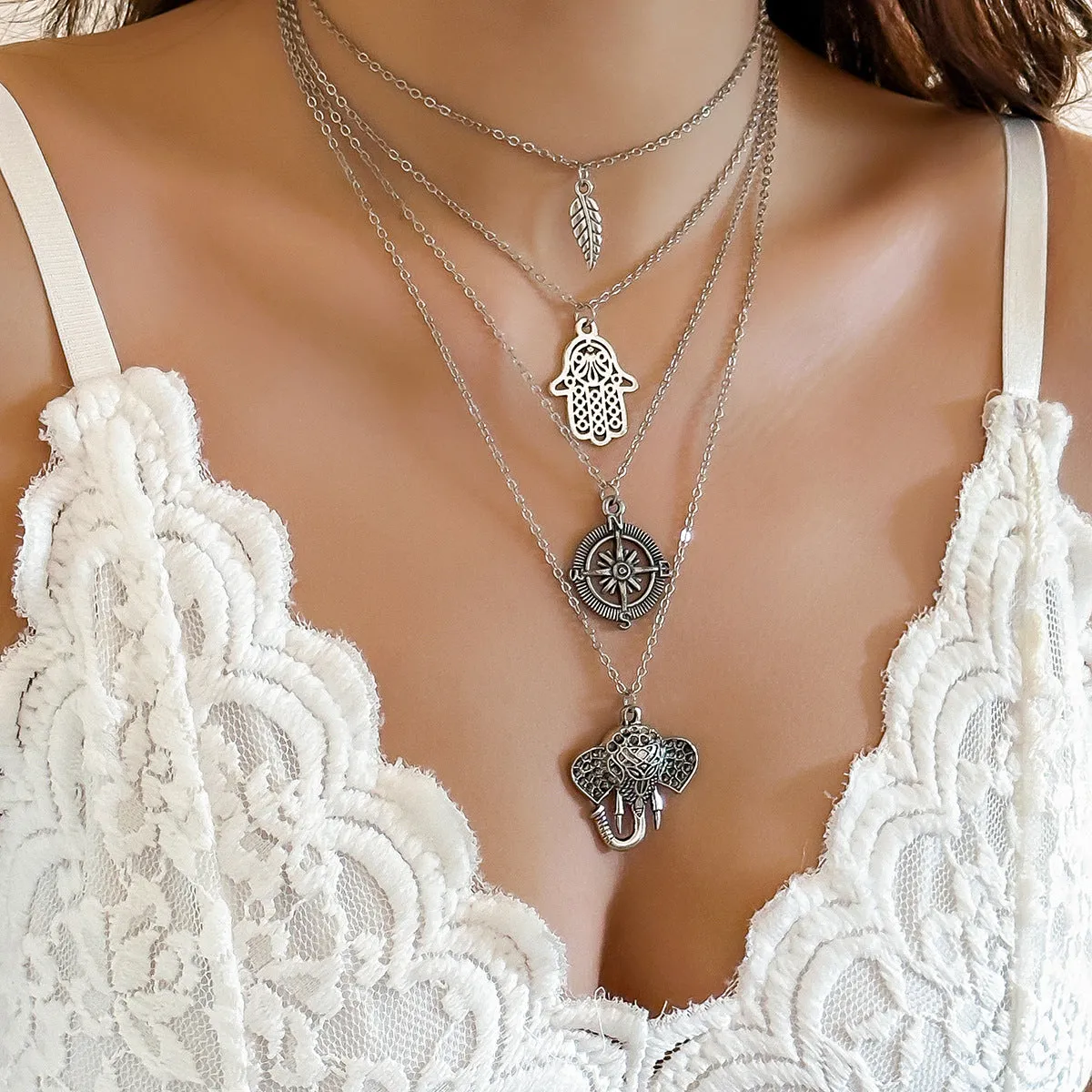 Bohemian Elephant Necklace with Sun and Leaf Pendants
