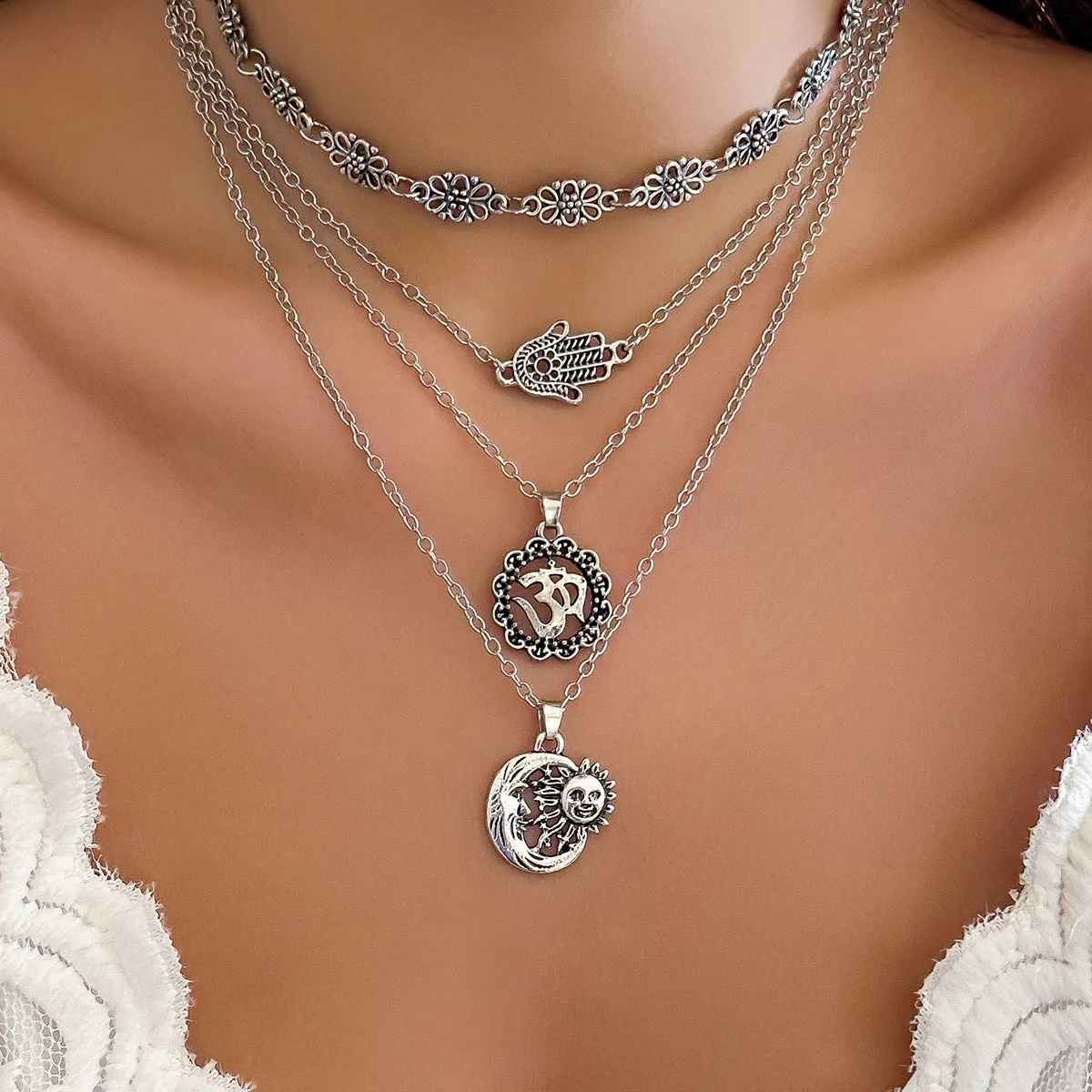Bohemian Elephant Necklace with Sun and Leaf Pendants