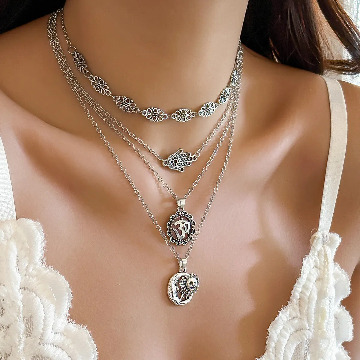 Bohemian Elephant Necklace with Sun and Leaf Pendants