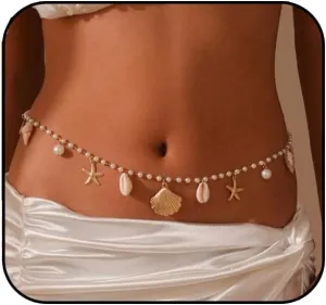 Bohemian Fake Pearl Bikini Body Chain for Women Adjustable Waterproof Belly Waist Jewelry Layered Cubic Zirconia Swimsuits Beach Chains Summer Festival Mermaid Party Accessories (Style-I)