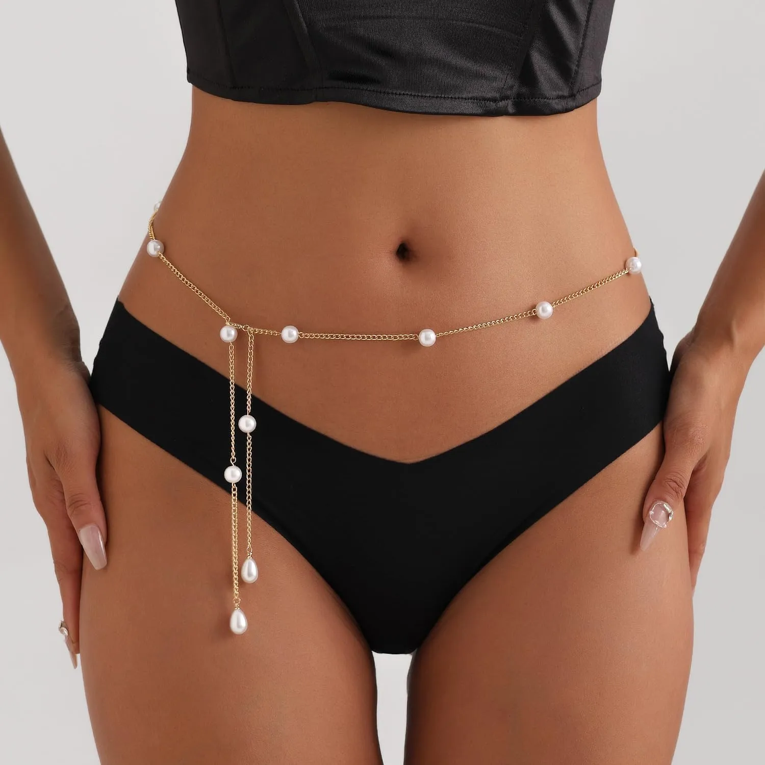 Bohemian Fake Pearl Bikini Body Chain for Women Adjustable Waterproof Belly Waist Jewelry Layered Cubic Zirconia Swimsuits Beach Chains Summer Festival Mermaid Party Accessories
